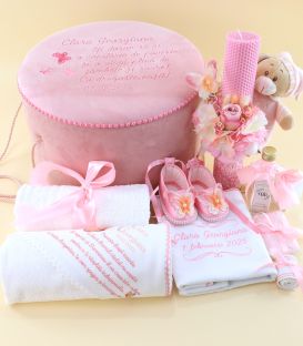 Trusou complet fetițe cu lumânare și cutie catifea roz, tema fluturași