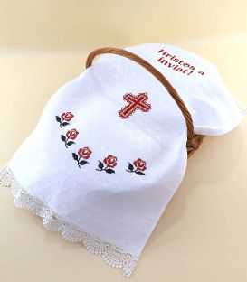 Stergar de Pasti cu Hristos a Inviat brodat cu trandafiri si cruce