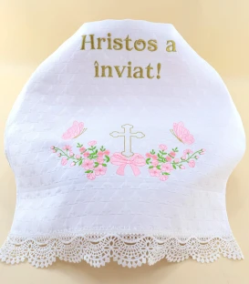 Ștergar de Paști 45x75 cm Hristos a Înviat cu broderie aurie și flori roz delicate