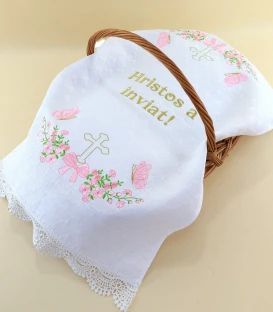 Ștergar de Paști 45x75 cm Hristos a Înviat cu broderie aurie și flori roz delicate