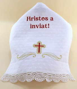 Stergar Paste Hristos a Inviat, cruce rosie brodata, ornamente aurii