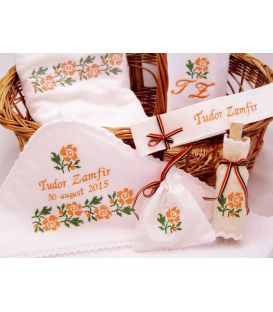 Trusou botez traditional broderie floare portocalie