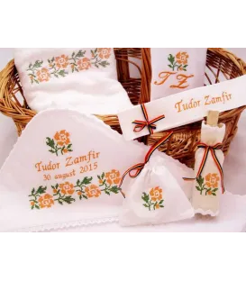 Trusou botez traditional broderie floare portocalie
