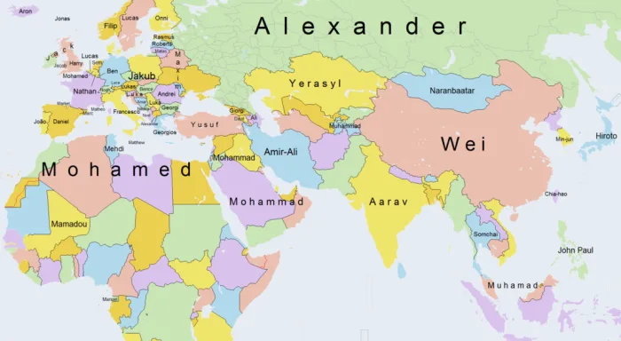 Harta cu numele cele mai folosite de pe europa si asia